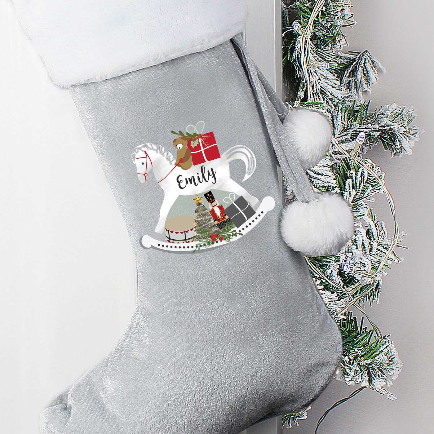 Personalised Rocking Horse Luxury Silver Grey Christmas Stocking - Shop Personalised Gifts