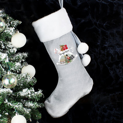 Personalised Rocking Horse Luxury Silver Grey Christmas Stocking - Shop Personalised Gifts
