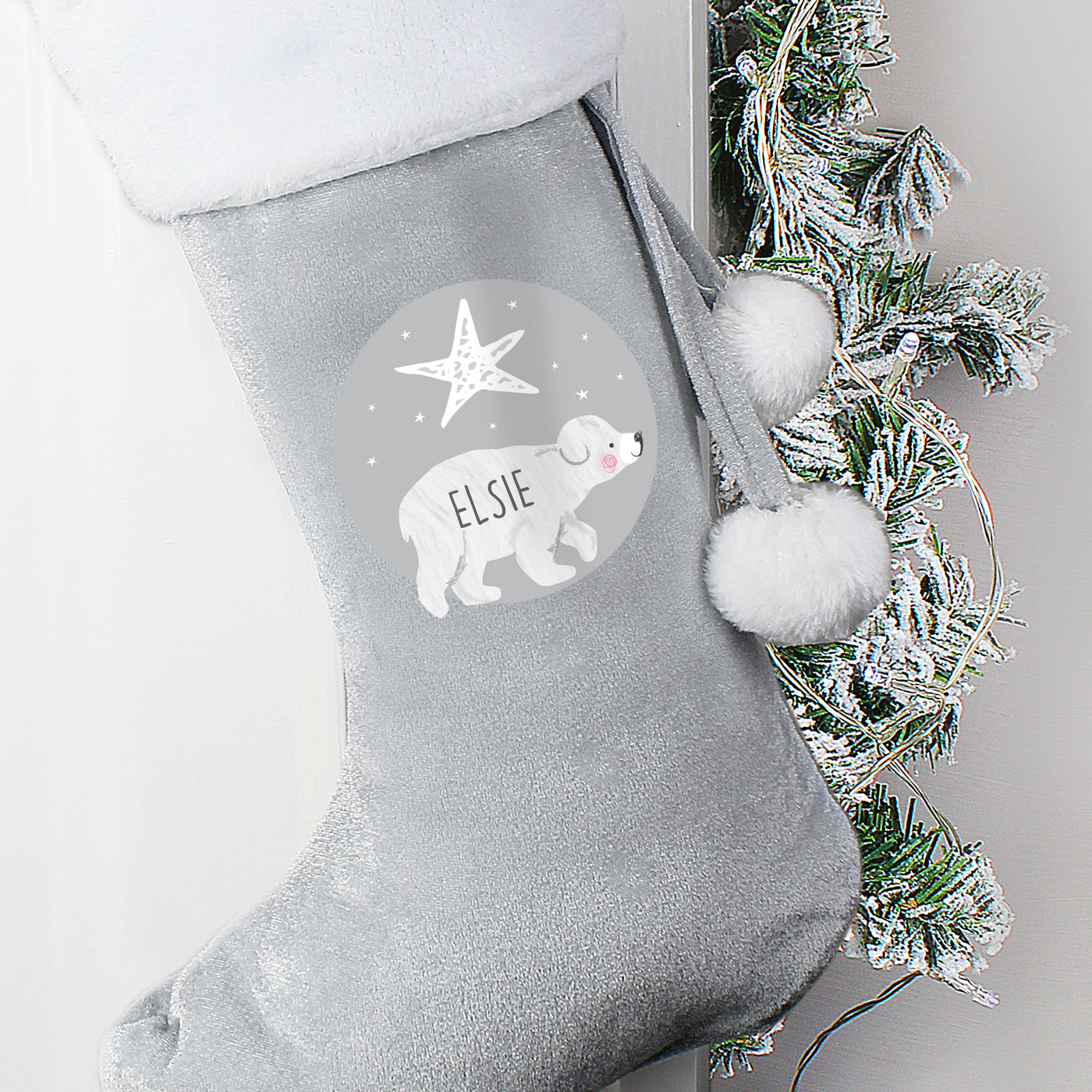 Personalised Baby Polar Bear Luxury Silver Grey Stocking