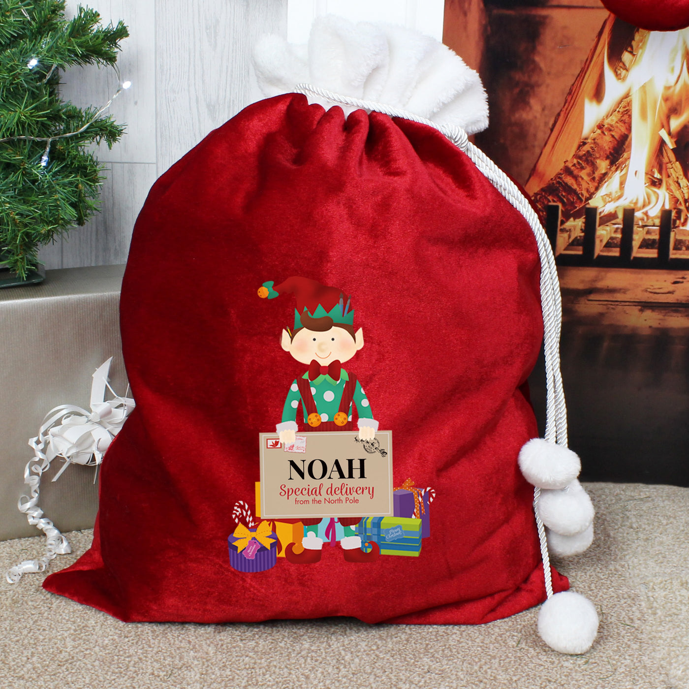 Personalised Christmas Elf Luxury Pom Pom Sack - Shop Personalised Gifts