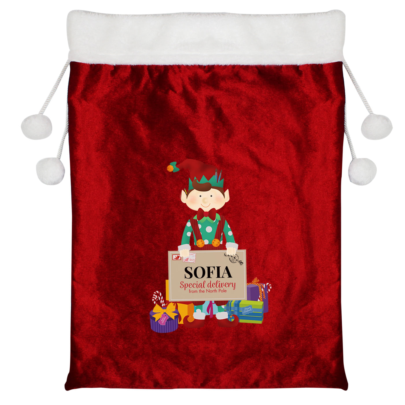 Personalised Christmas Elf Luxury Pom Pom Sack - Shop Personalised Gifts