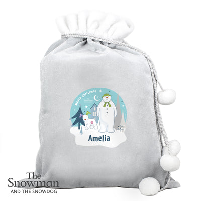 Personalised The Snowman and the Snowdog Luxury Silver Grey Pom Pom Sack