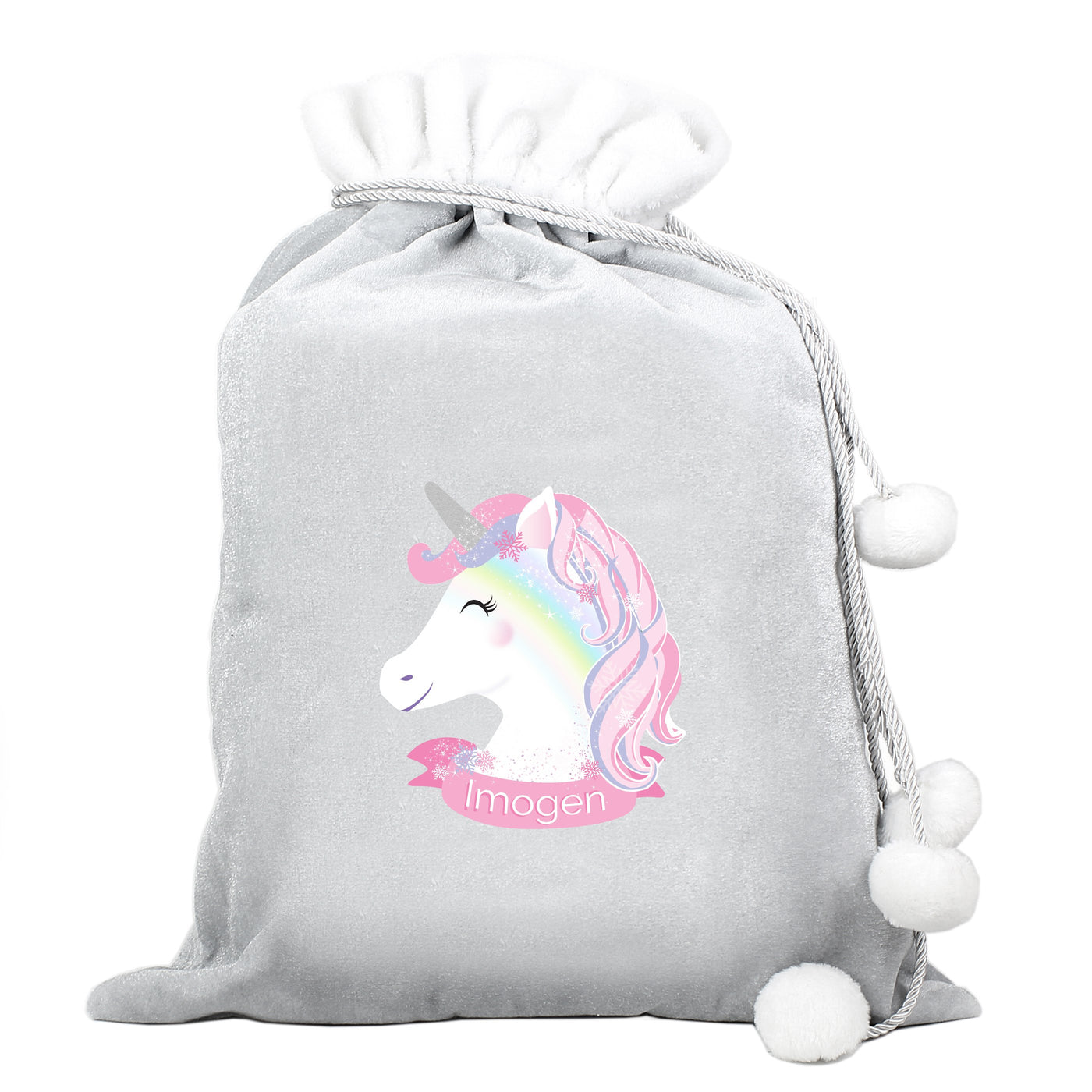 Personalised Unicorn Luxury Silver Grey Pom Pom Sack - Shop Personalised Gifts