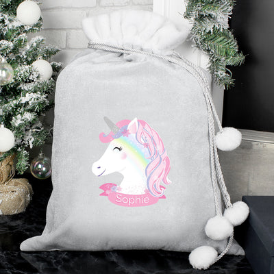 Personalised Unicorn Luxury Silver Grey Pom Pom Sack - Shop Personalised Gifts