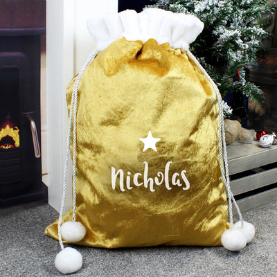 Personalised Name Only Gold Luxury Pom Pom Sack - Shop Personalised Gifts