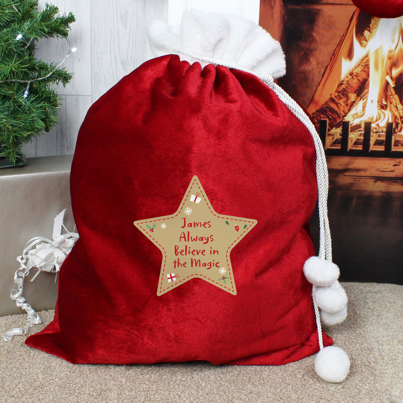 Personalised Free Text Star Luxury Pom Pom Red Sack - Shop Personalised Gifts