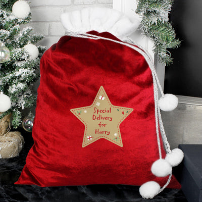 Personalised Free Text Star Luxury Pom Pom Red Sack - Shop Personalised Gifts
