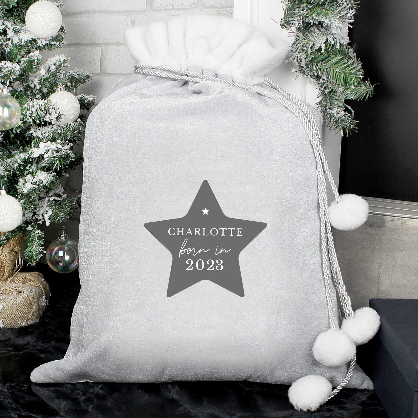 Personalised Born In Luxury Silver Grey Pom Pom Sack