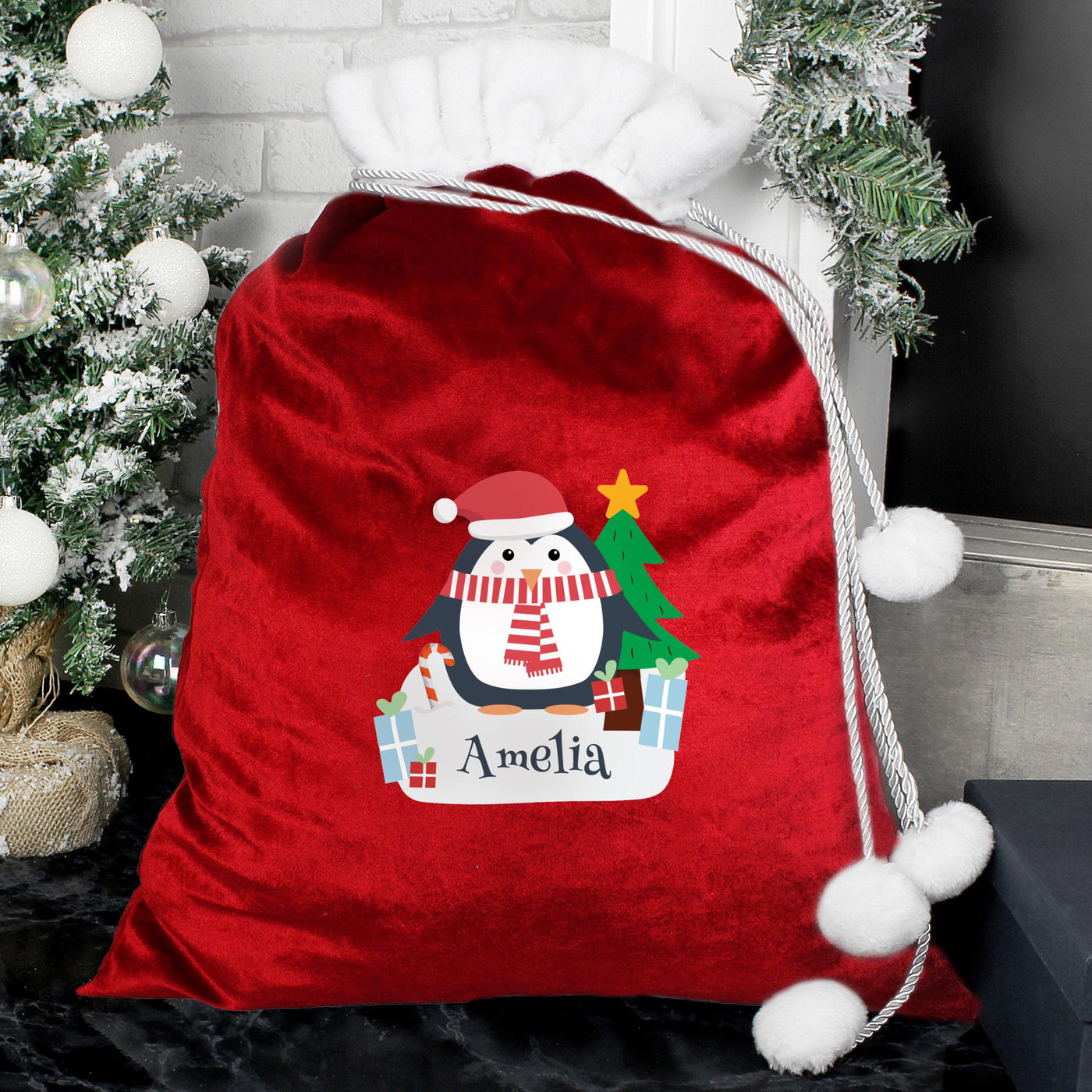 Personalised Christmas Penguin Luxury Pom Pom Red Sack - Shop Personalised Gifts