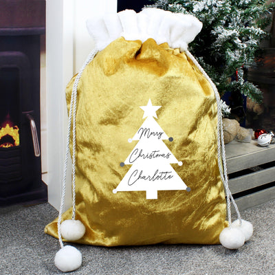 Personalised Christmas Tree Luxury Pom Pom Gold Sack - Shop Personalised Gifts