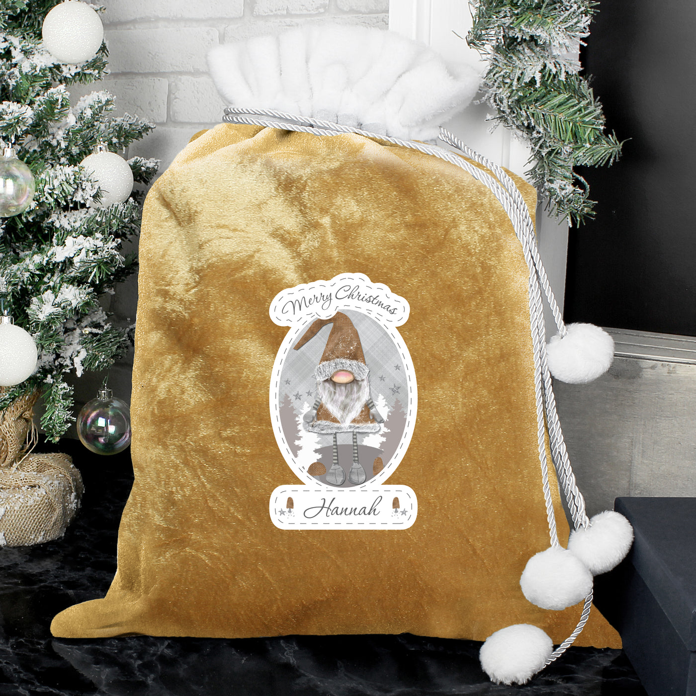 Personalised Christmas Gonk Luxury Gold Pom Pom Sack