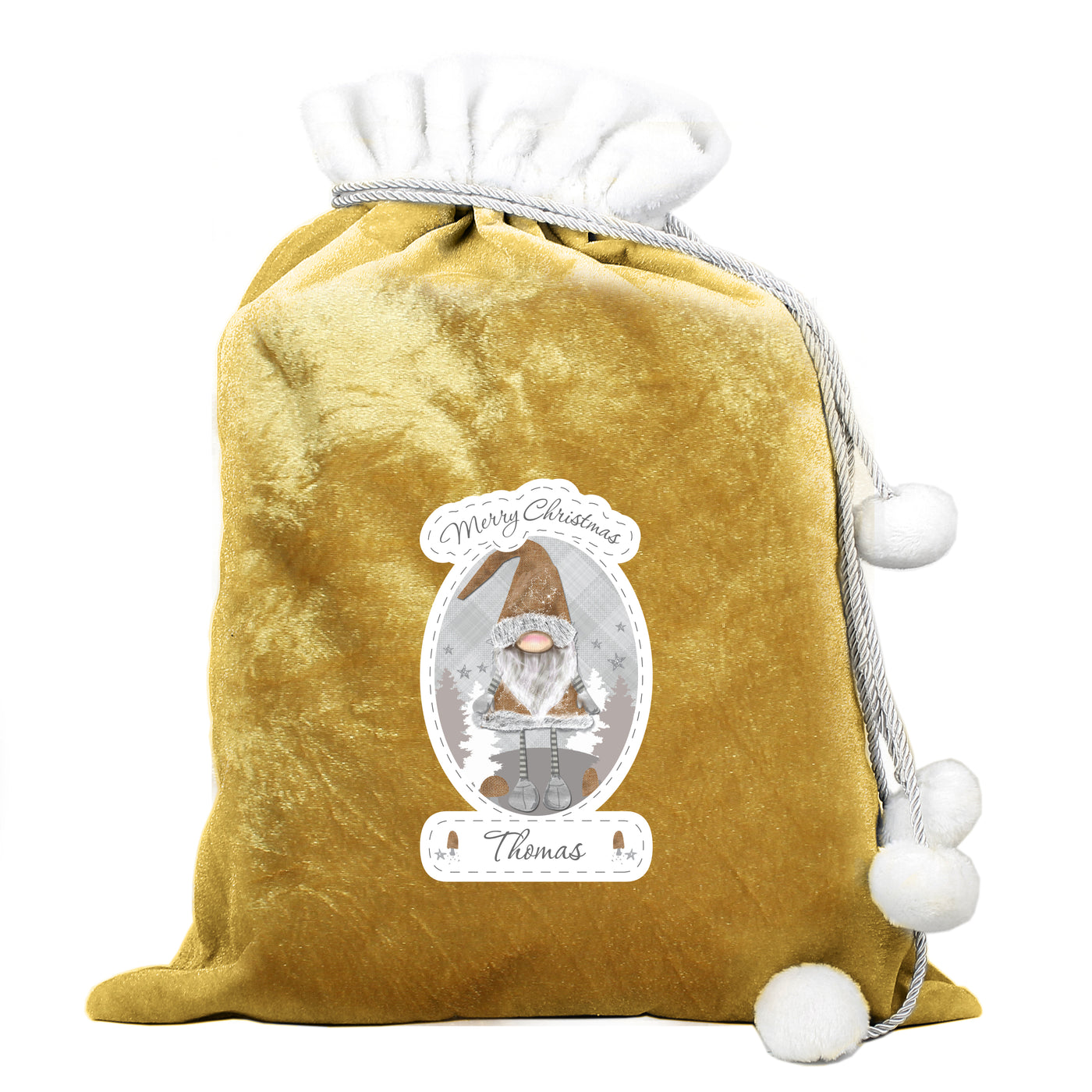 Personalised Christmas Gonk Luxury Gold Pom Pom Sack