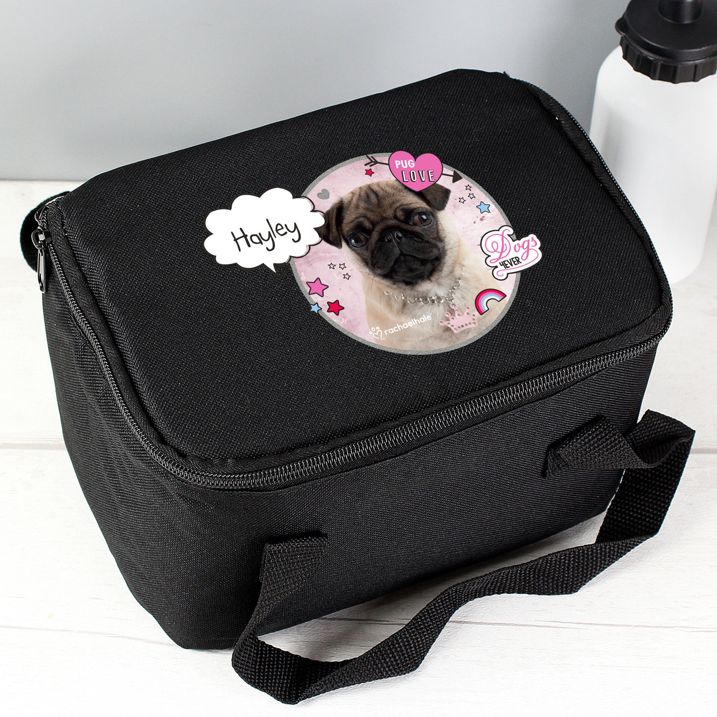 Personalised Rachael Hale Doodle Pug Black Insulated Lunch Bag - Shop Personalised Gifts