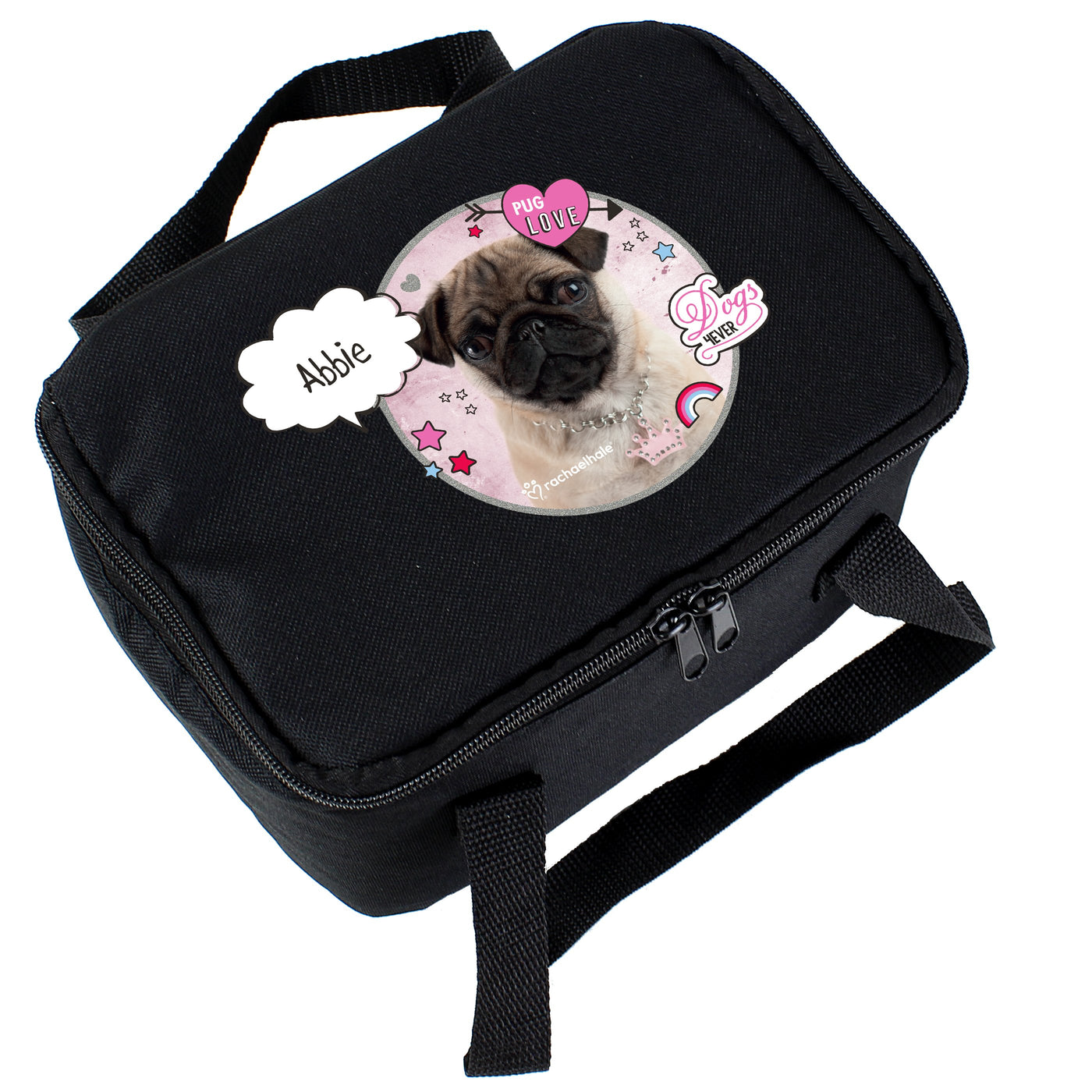 Personalised Rachael Hale Doodle Pug Black Insulated Lunch Bag - Shop Personalised Gifts