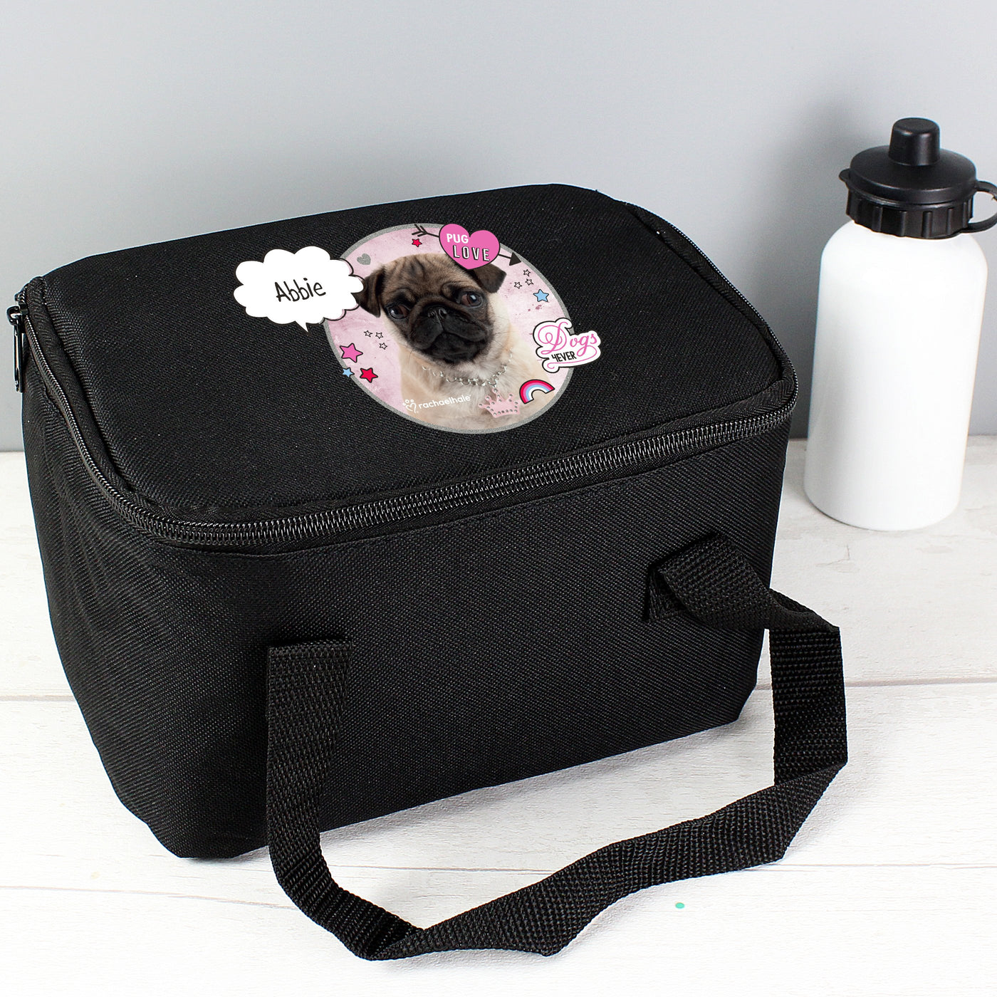 Personalised Rachael Hale Doodle Pug Black Insulated Lunch Bag - Shop Personalised Gifts