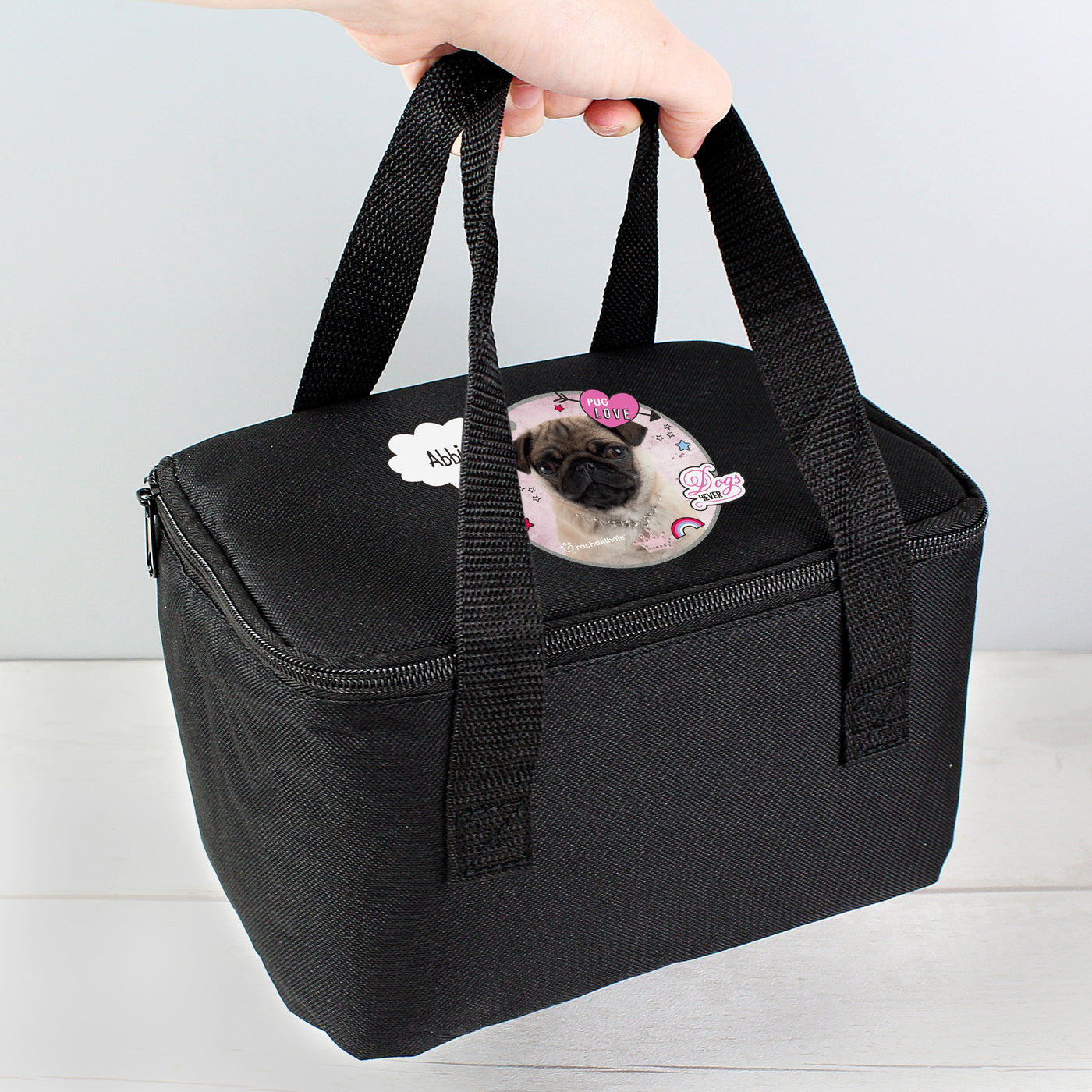 Personalised Rachael Hale Doodle Pug Black Insulated Lunch Bag - Shop Personalised Gifts