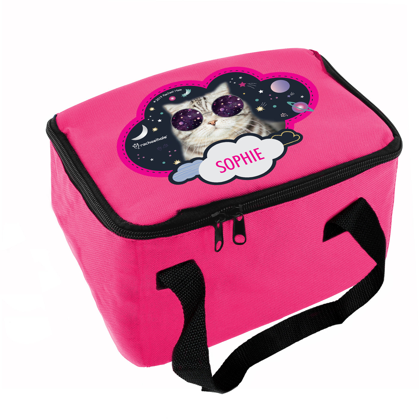 Personalised Rachael Hale Space Cat Pink Insulated Lunch Bag