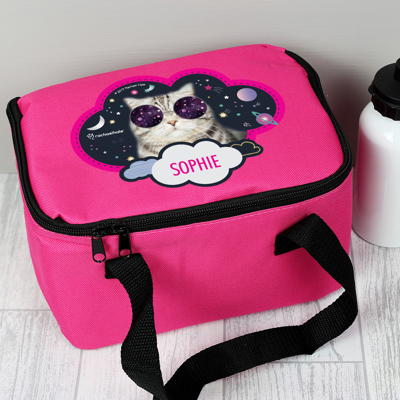 Personalised Rachael Hale Space Cat Pink Insulated Lunch Bag