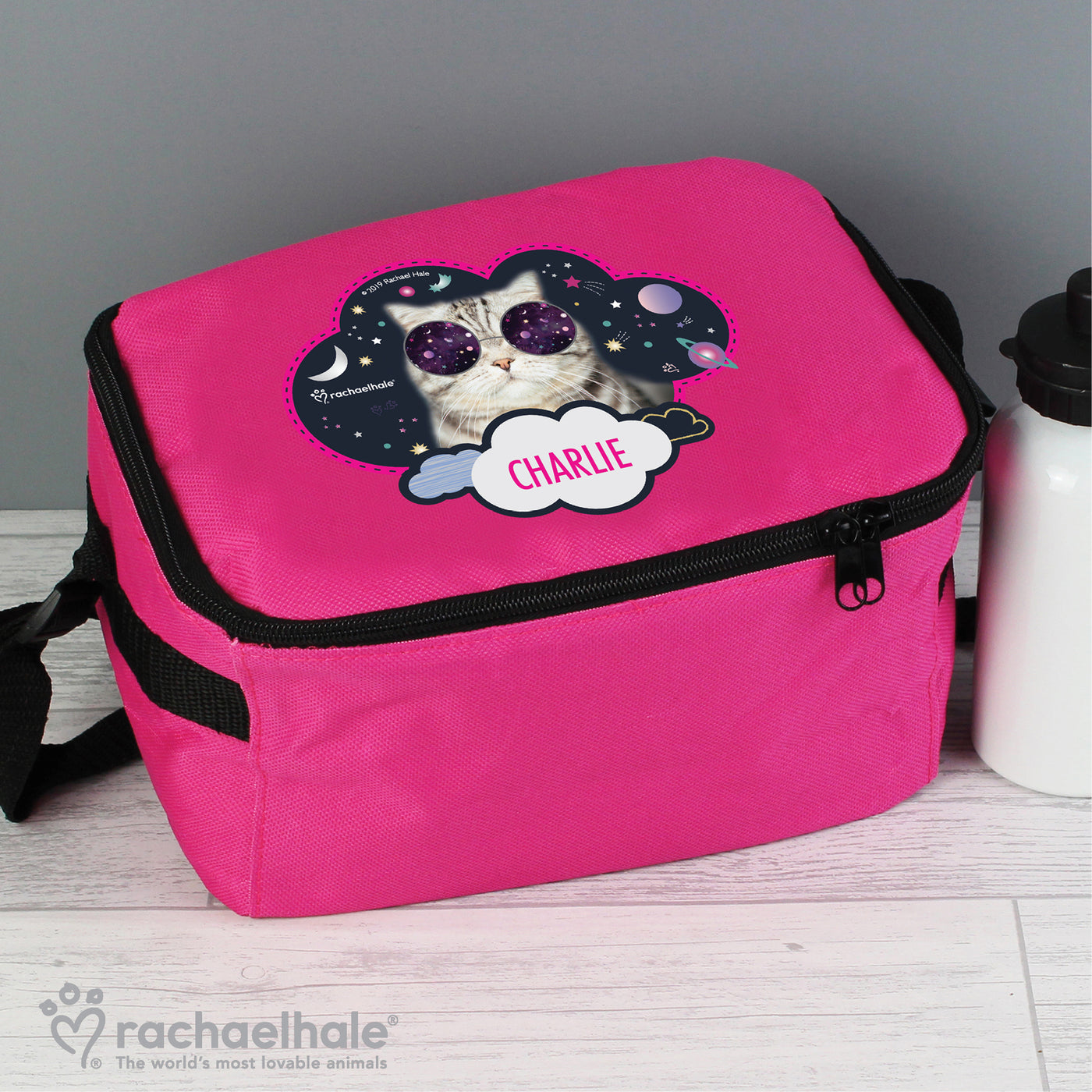 Personalised Rachael Hale Space Cat Pink Insulated Lunch Bag