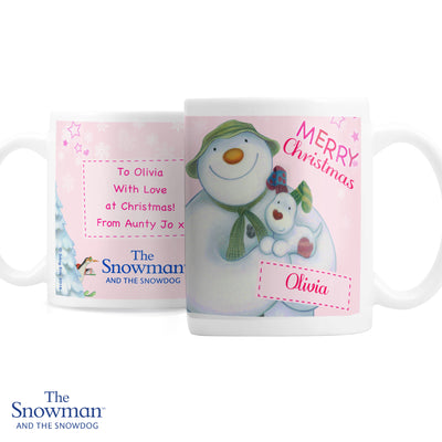 Personalised The Snowman and the Snowdog Pink Ceramic Mug