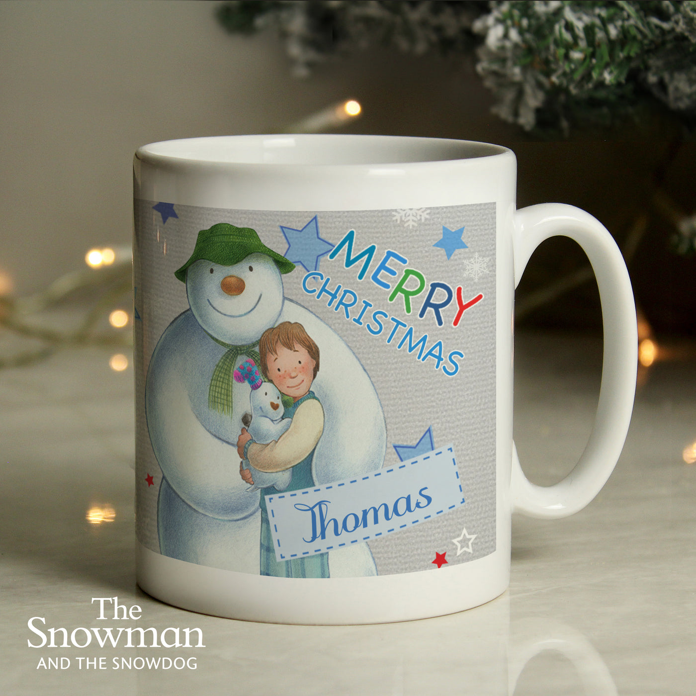 Personalised The Snowman and the Snowdog Blue Ceramic Mug