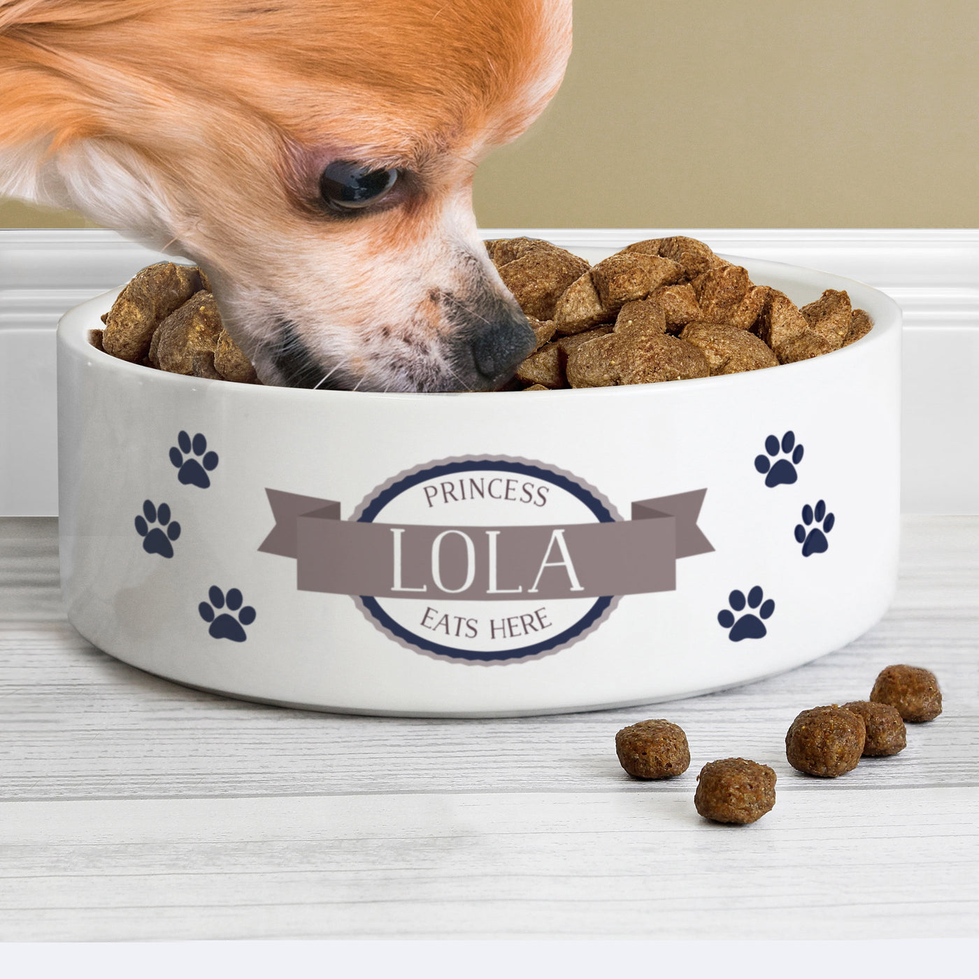 Personalised Blue Paws 14cm Medium White Pet Bowl - Shop Personalised Gifts