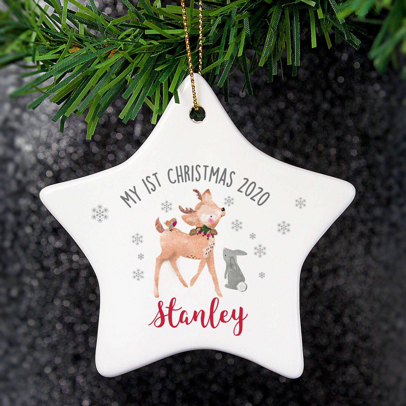 Personalised 1st Christmas Festive Fawn Ceramic Star Hanging Decoration - Shop Personalised Gifts
