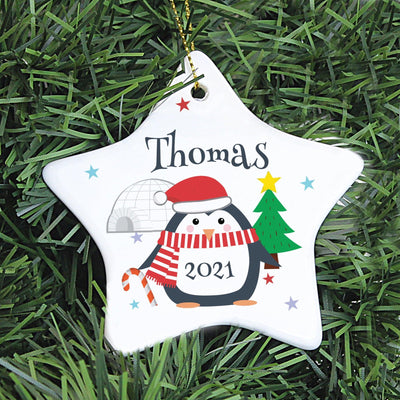 Personalised Christmas Penguin Ceramic Star Decoration - Shop Personalised Gifts