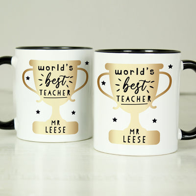 Personalised World's Best Teacher Trophy Black Handled Ceramic Mug