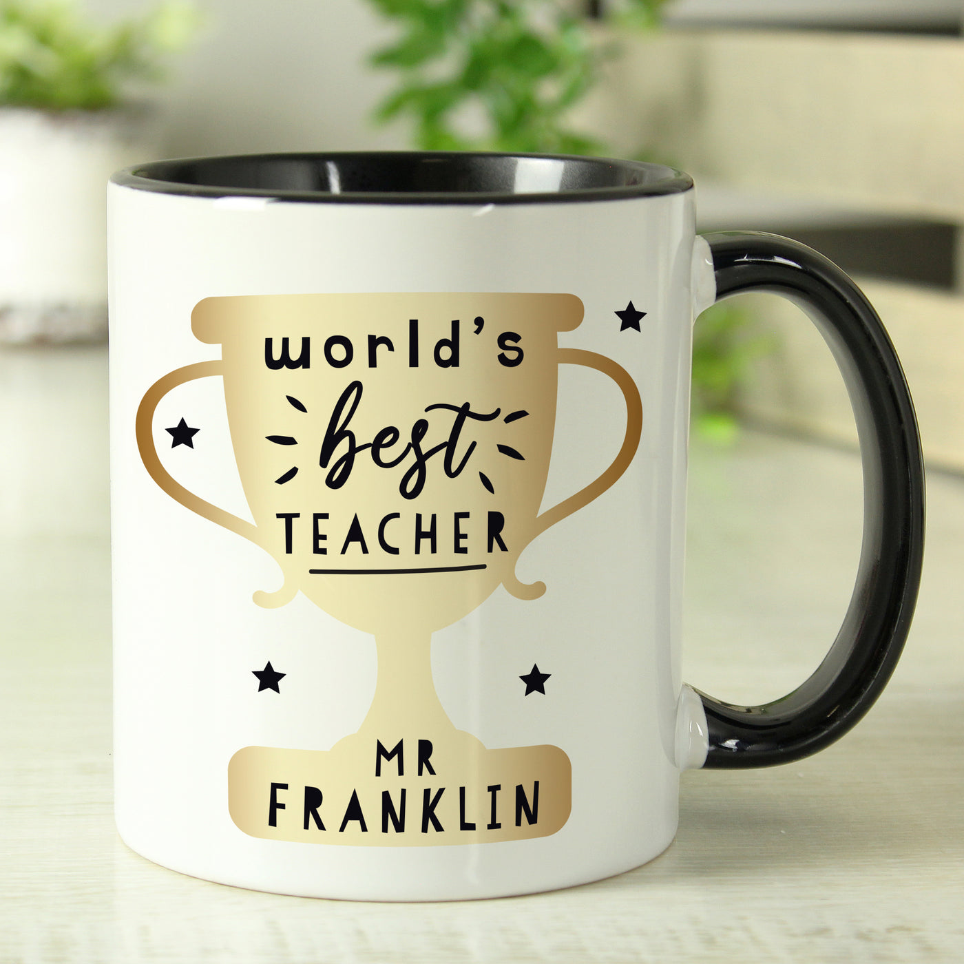 Personalised World's Best Teacher Trophy Black Handled Ceramic Mug