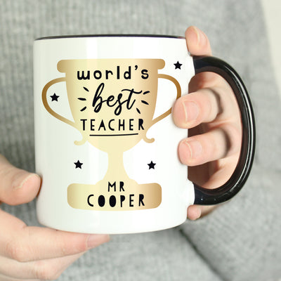 Personalised World's Best Teacher Trophy Black Handled Ceramic Mug