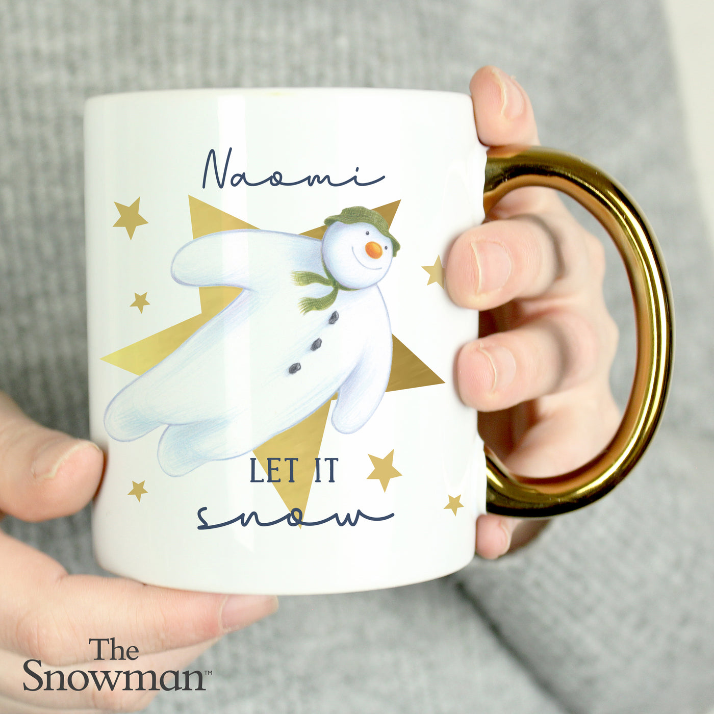 Personalised The Snowman Let it Snow Gold Handed Ceramic Mug