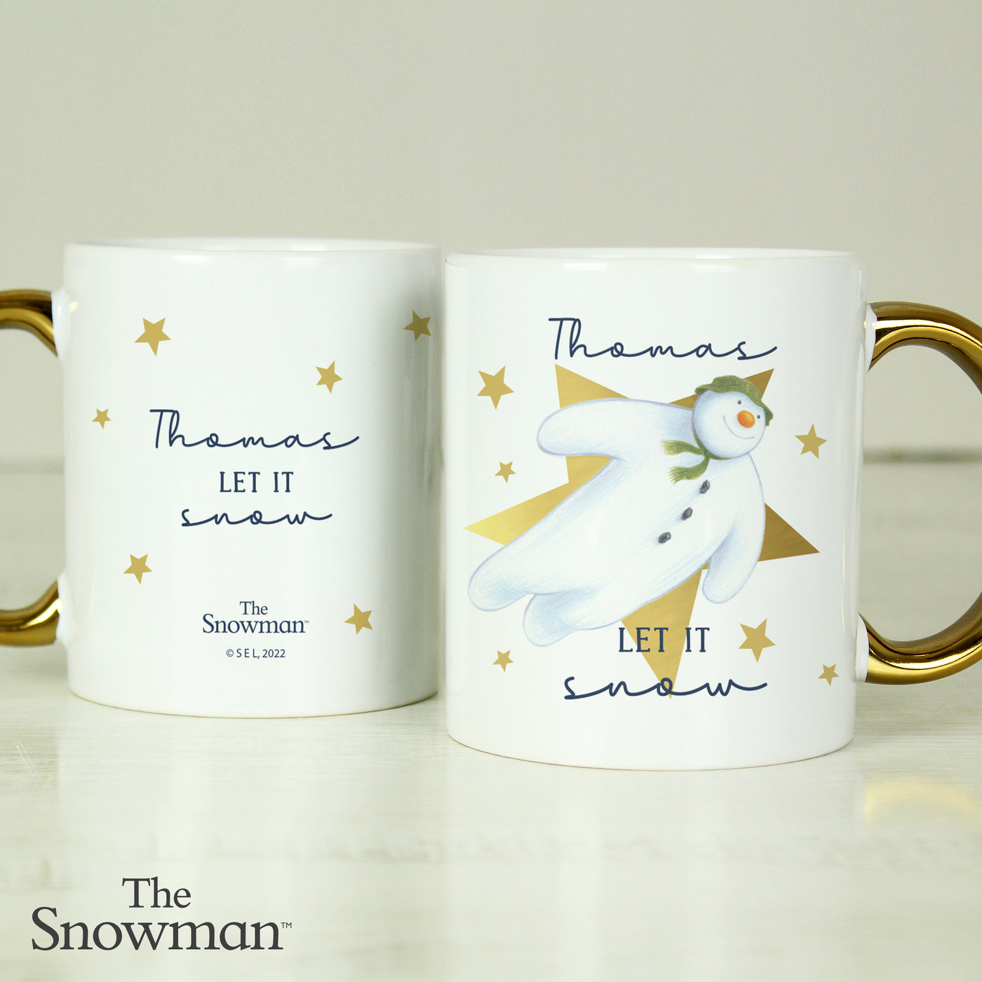 Personalised The Snowman Let it Snow Gold Handed Ceramic Mug