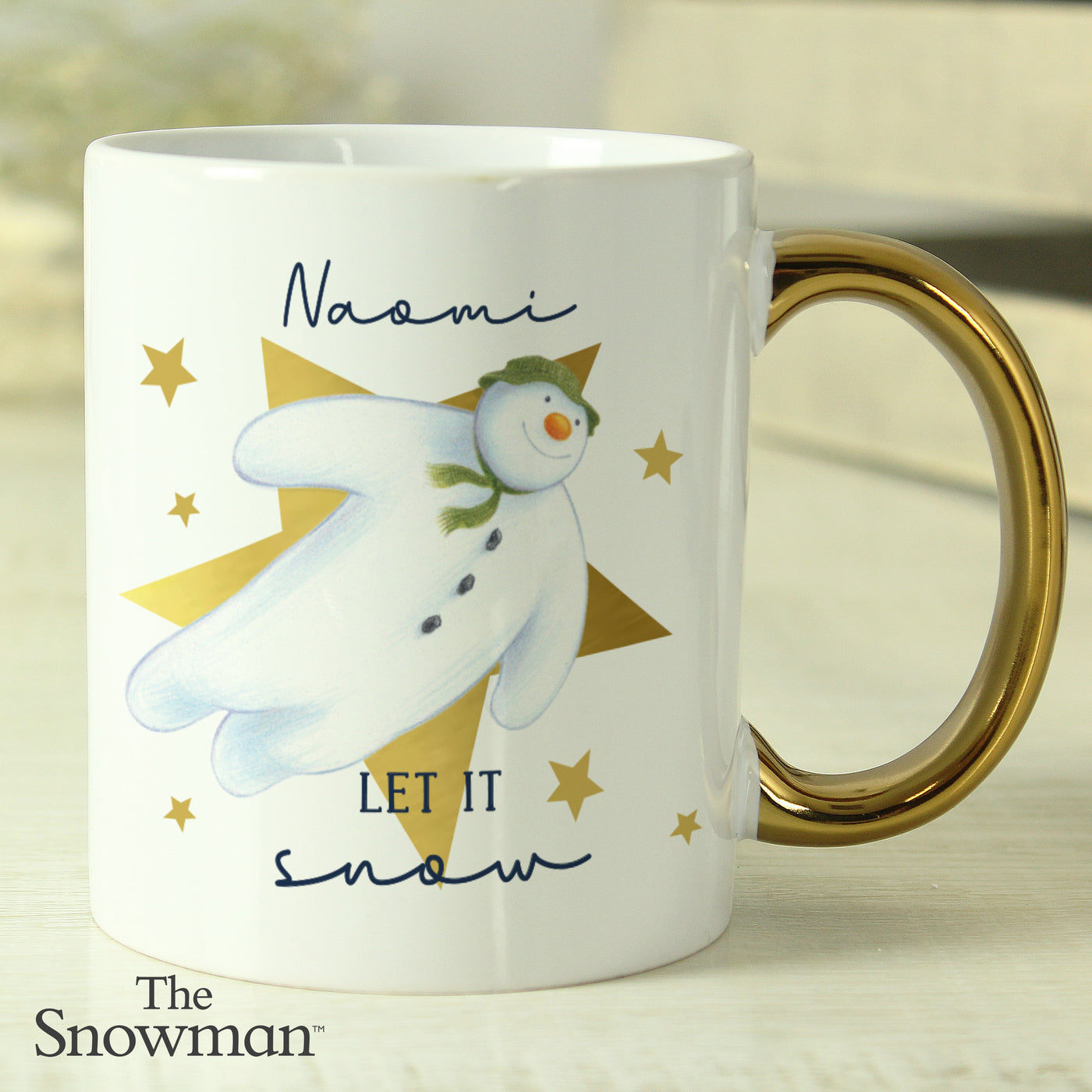 Personalised The Snowman Let it Snow Gold Handed Ceramic Mug