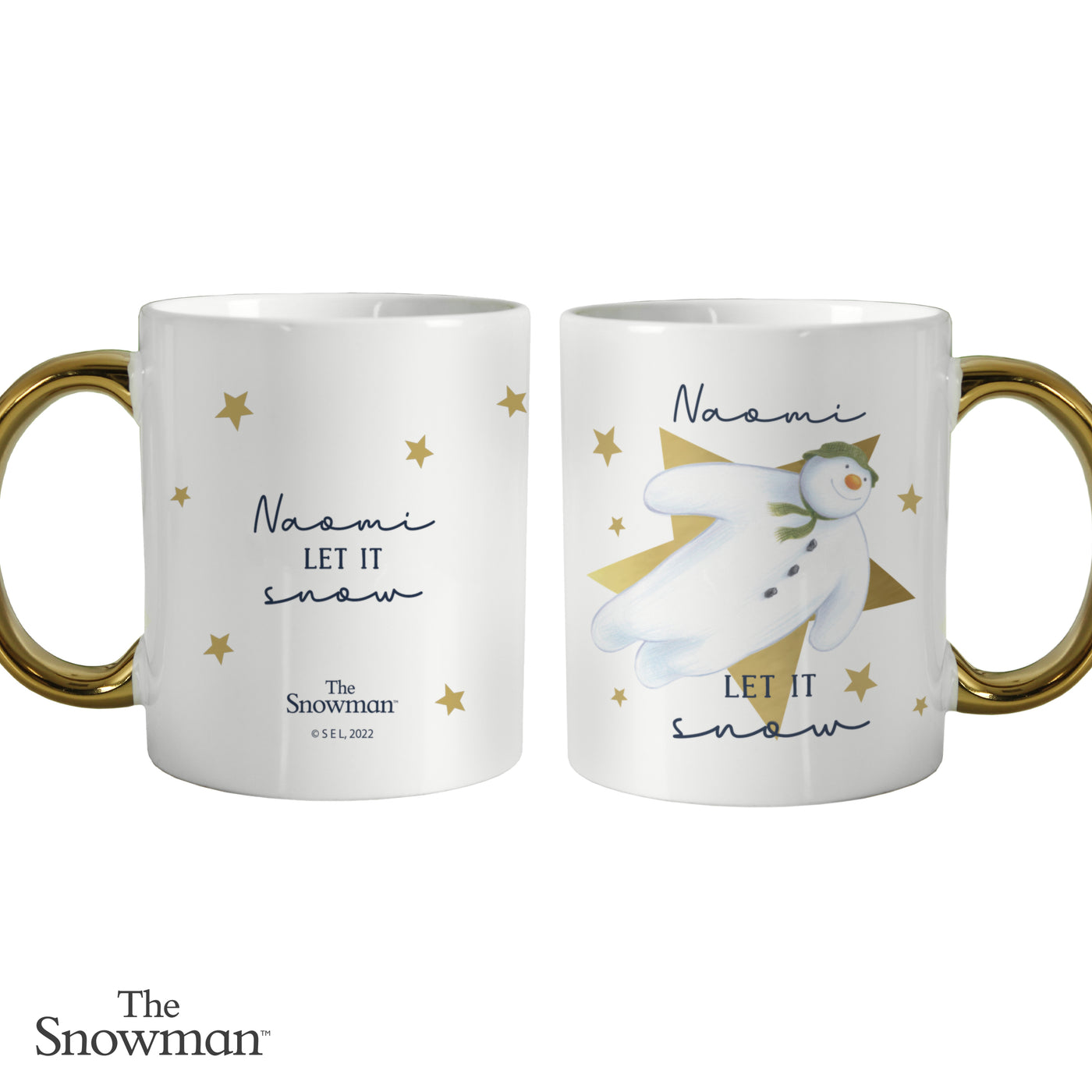 Personalised The Snowman Let it Snow Gold Handed Ceramic Mug