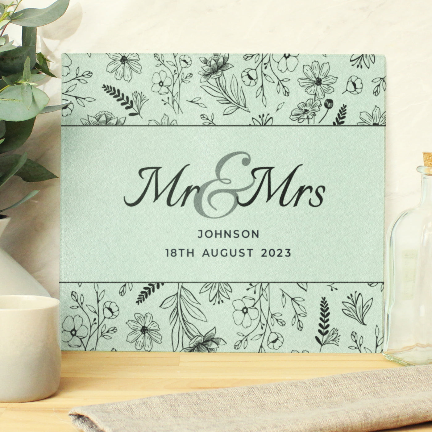 Personalised Mr & Mrs Botanical Glass Chopping Board/Worktop Saver