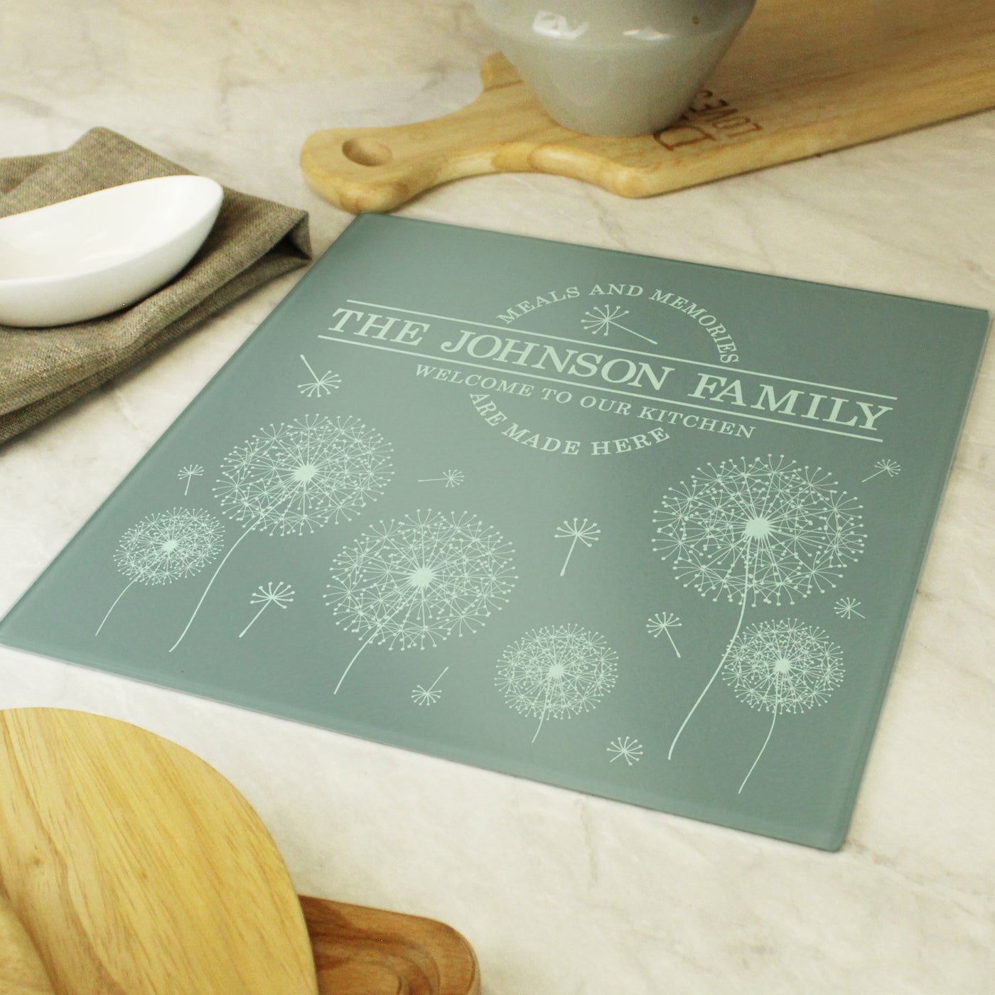 Personalised Dandelion Glass Chopping Board/Worktop Saver