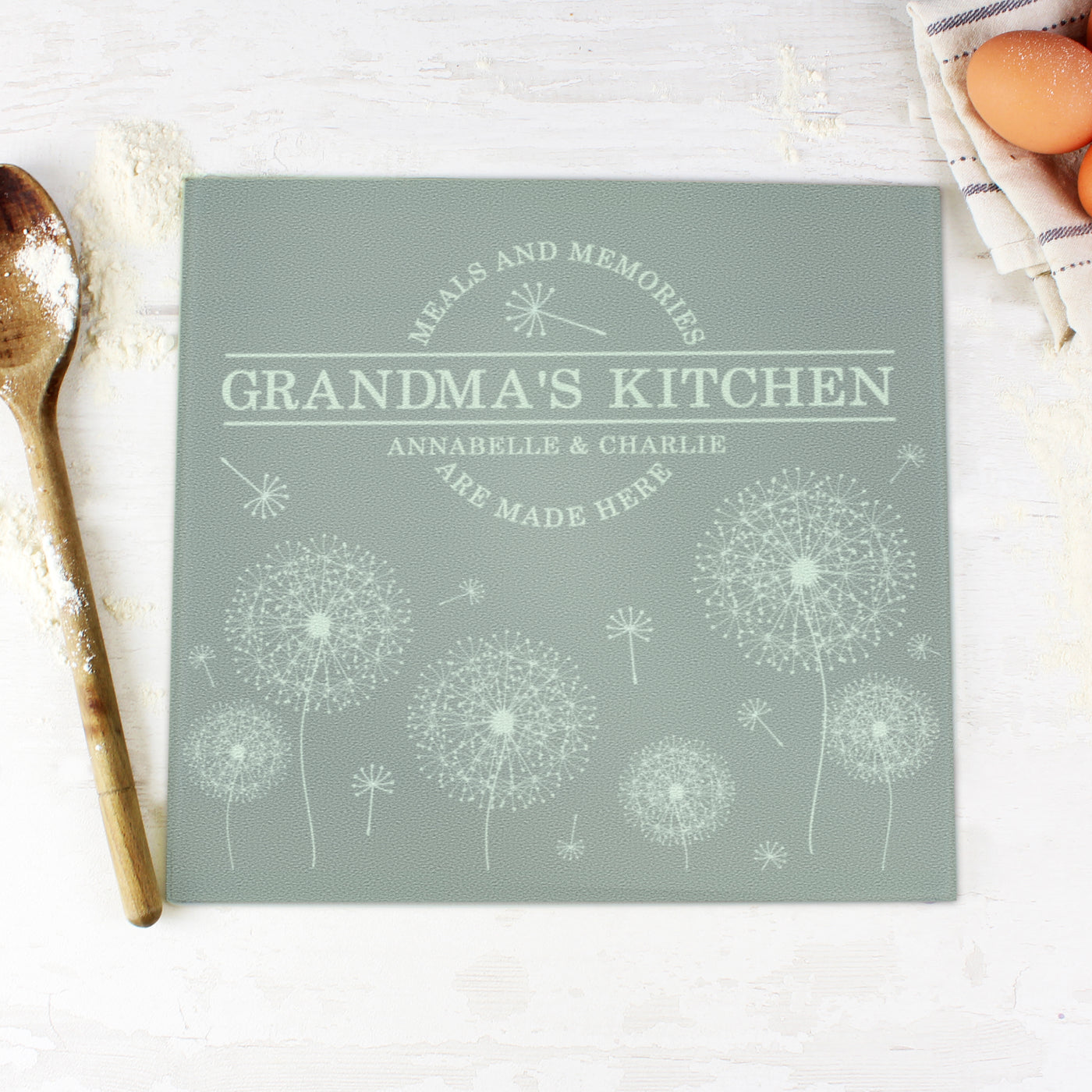 Personalised Dandelion Glass Chopping Board/Worktop Saver