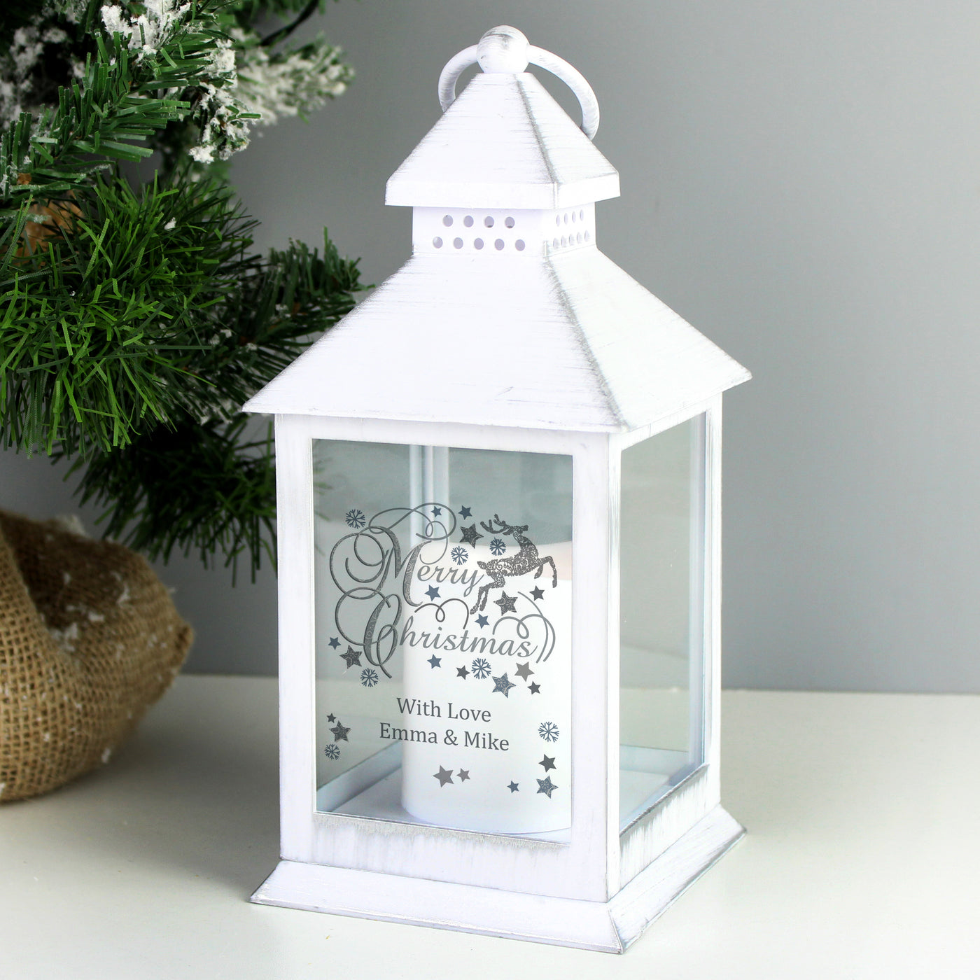Personalised Silver Reindeer White Lantern - Shop Personalised Gifts