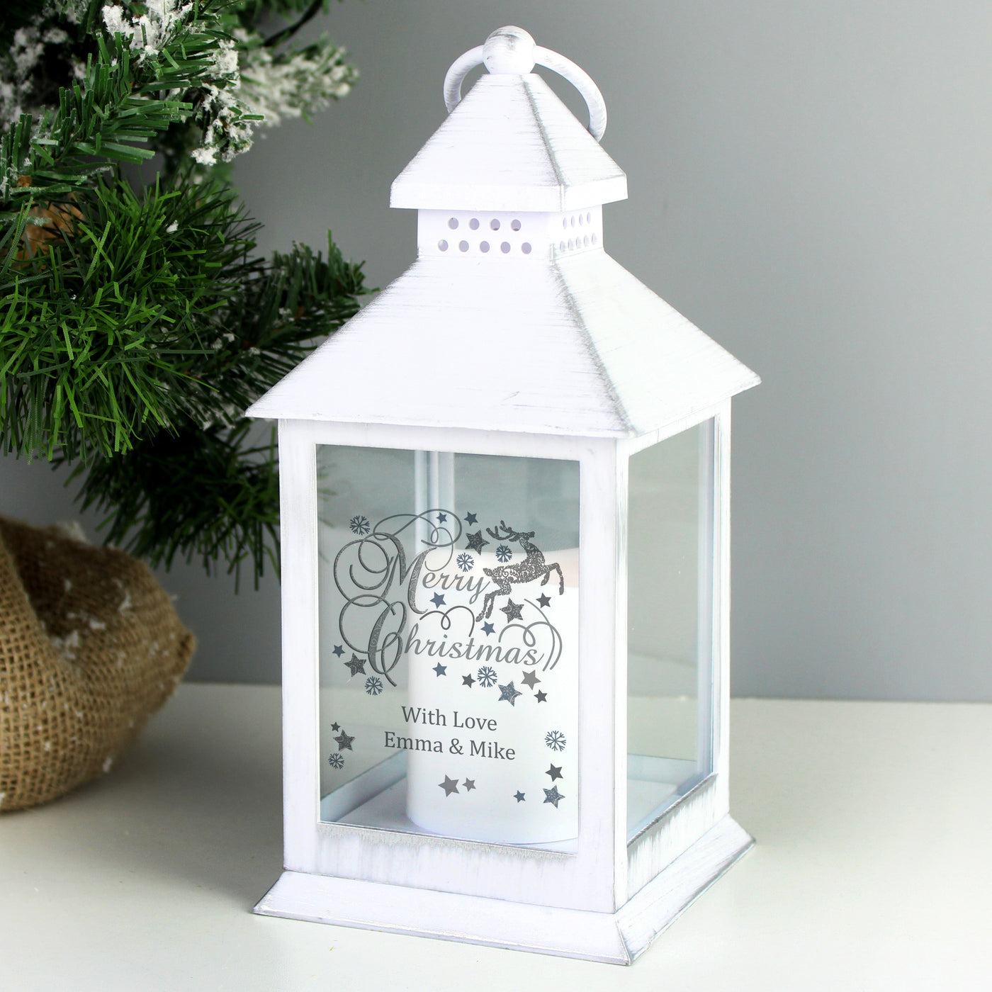 Personalised Silver Reindeer White Lantern - Shop Personalised Gifts