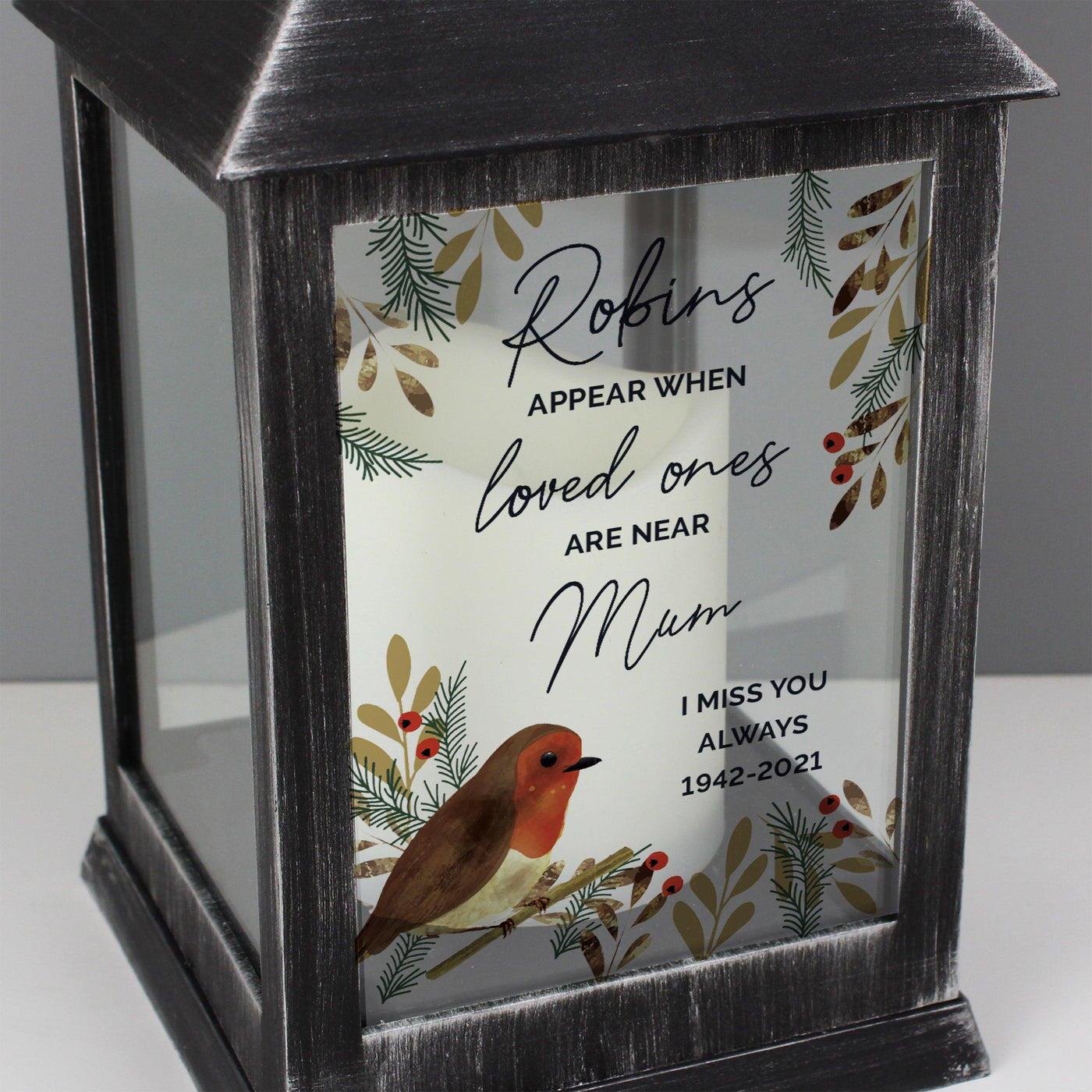 Personalised Robins Appear.. Memorial Black Lantern - Shop Personalised Gifts