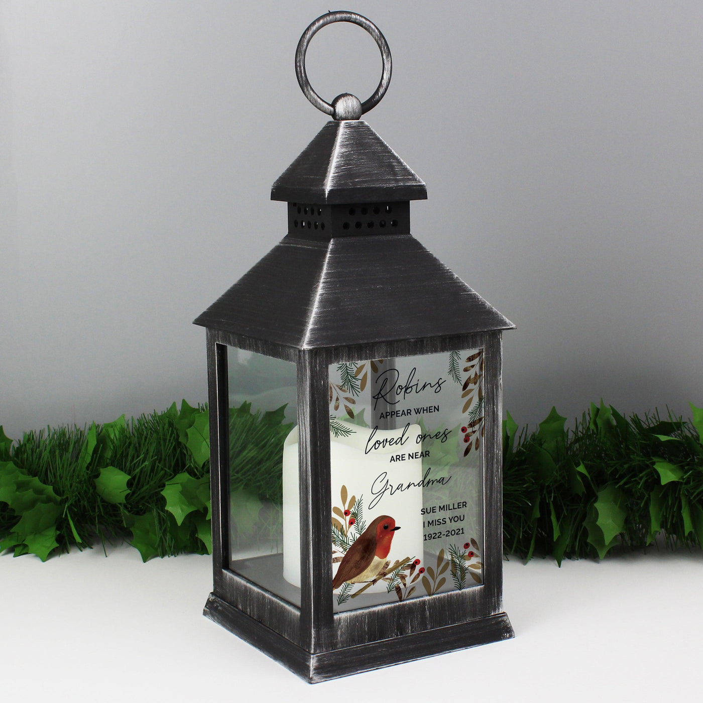 Personalised Robins Appear.. Memorial Black Lantern - Shop Personalised Gifts