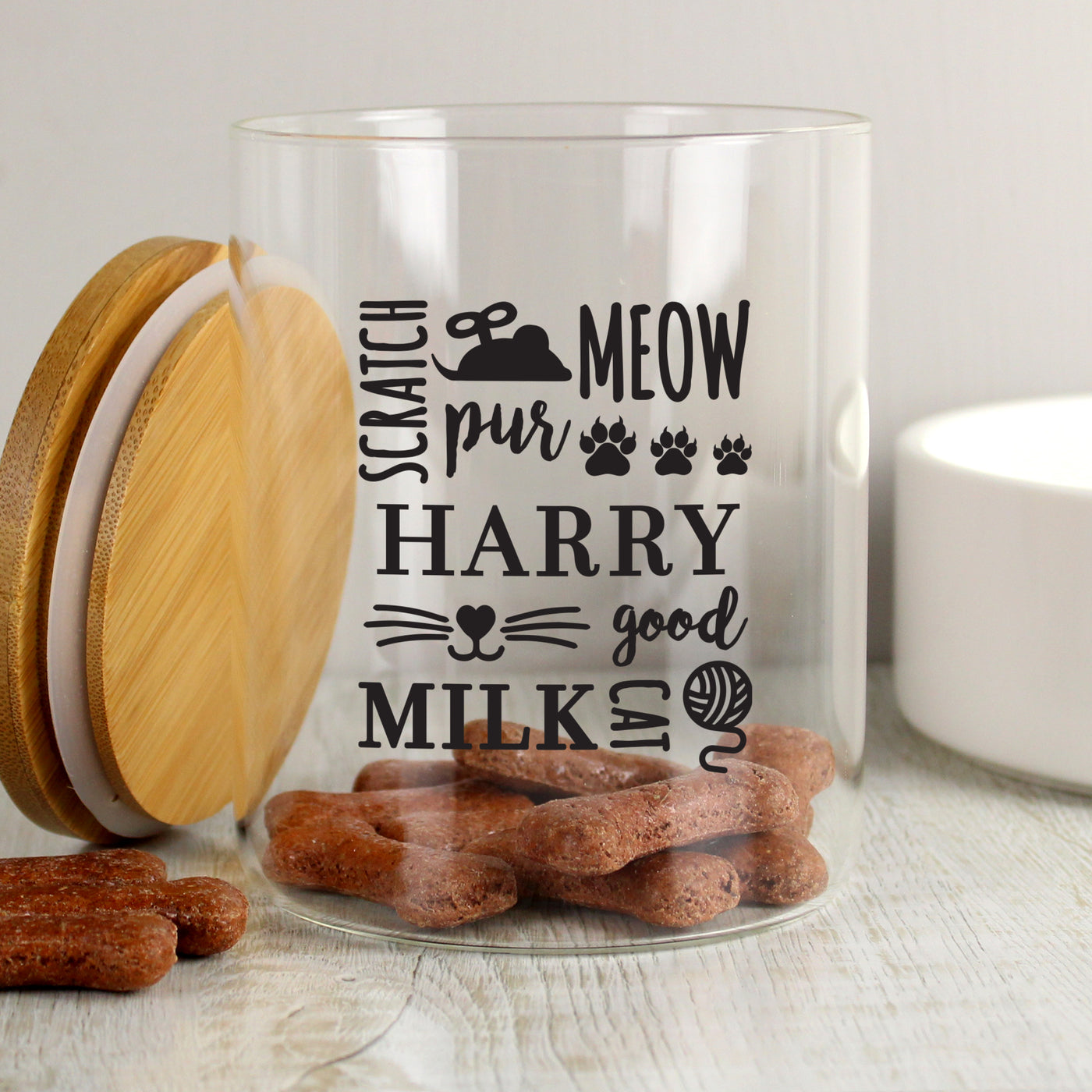 Personalised Glass Cat Treat Jar with Bamboo Lid