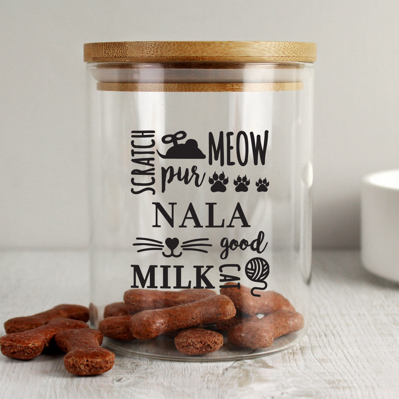 Personalised Glass Cat Treat Jar with Bamboo Lid