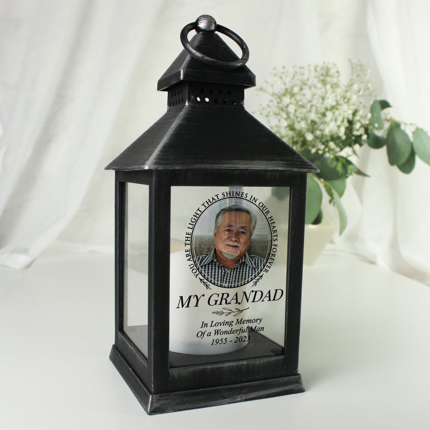 Personalised Light In Our Hearts Photo Upload Black Memorial Lantern