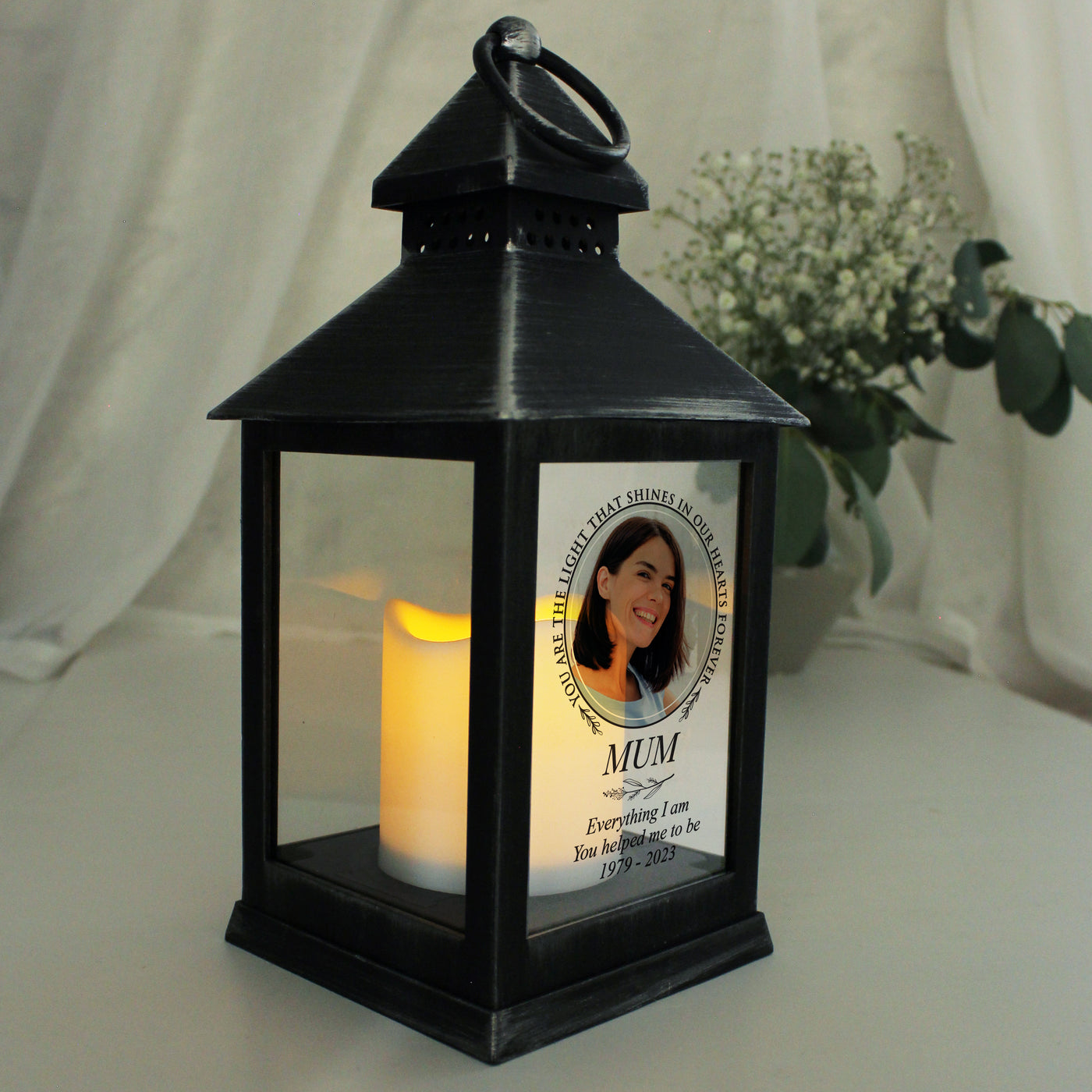 Personalised Light In Our Hearts Photo Upload Black Memorial Lantern