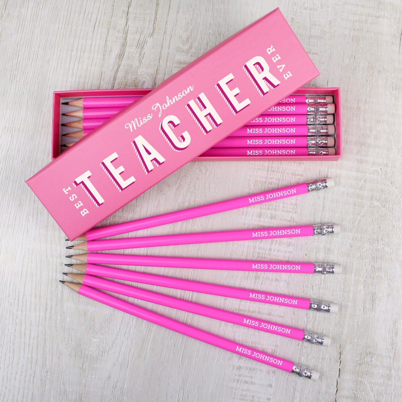 Personalised Best Teacher Ever Box and 12 Pink HB Pencils - Shop Personalised Gifts