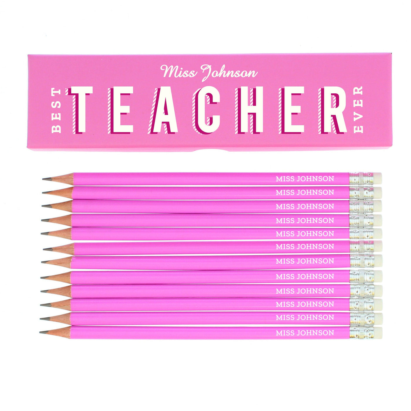 Personalised Best Teacher Ever Box and 12 Pink HB Pencils - Shop Personalised Gifts