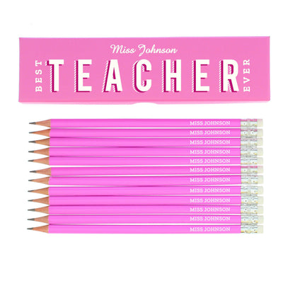 Personalised Best Teacher Ever Box and 12 Pink HB Pencils - Shop Personalised Gifts