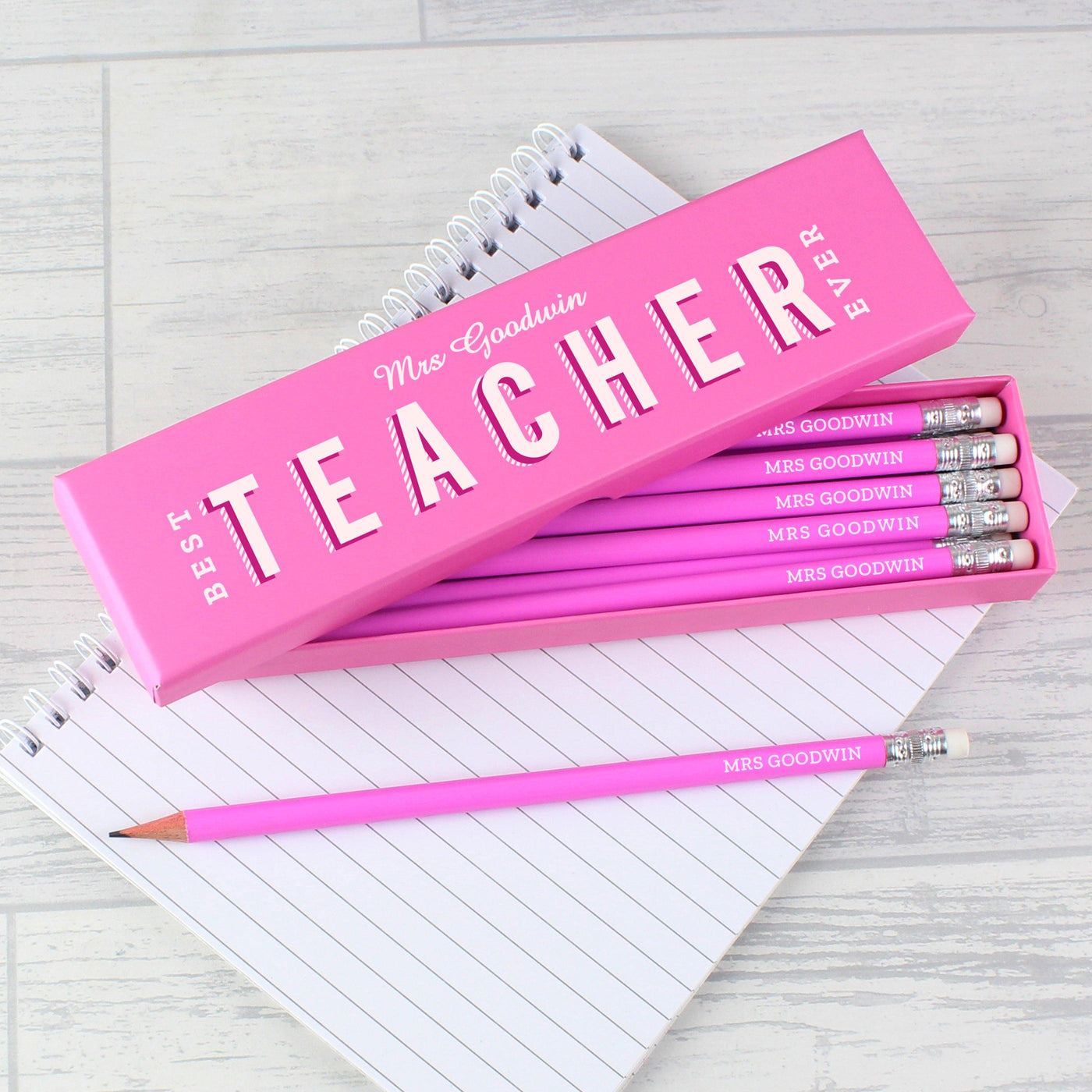 Personalised Best Teacher Ever Box and 12 Pink HB Pencils - Shop Personalised Gifts